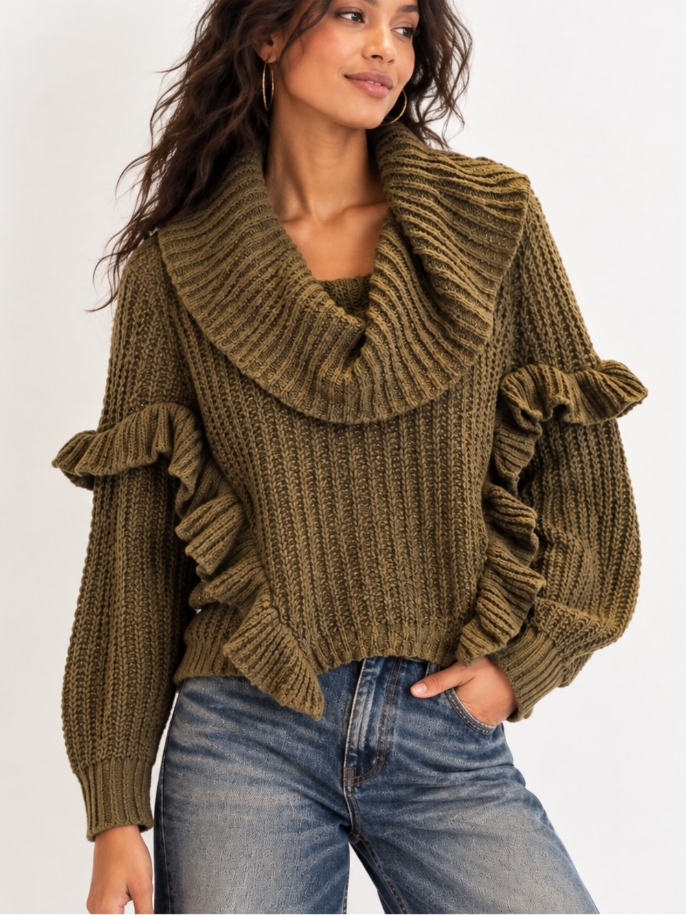 Express Olive Green Ruffle Trim Chunky Knit Cowl Neck Sweater Boho Chic Medium